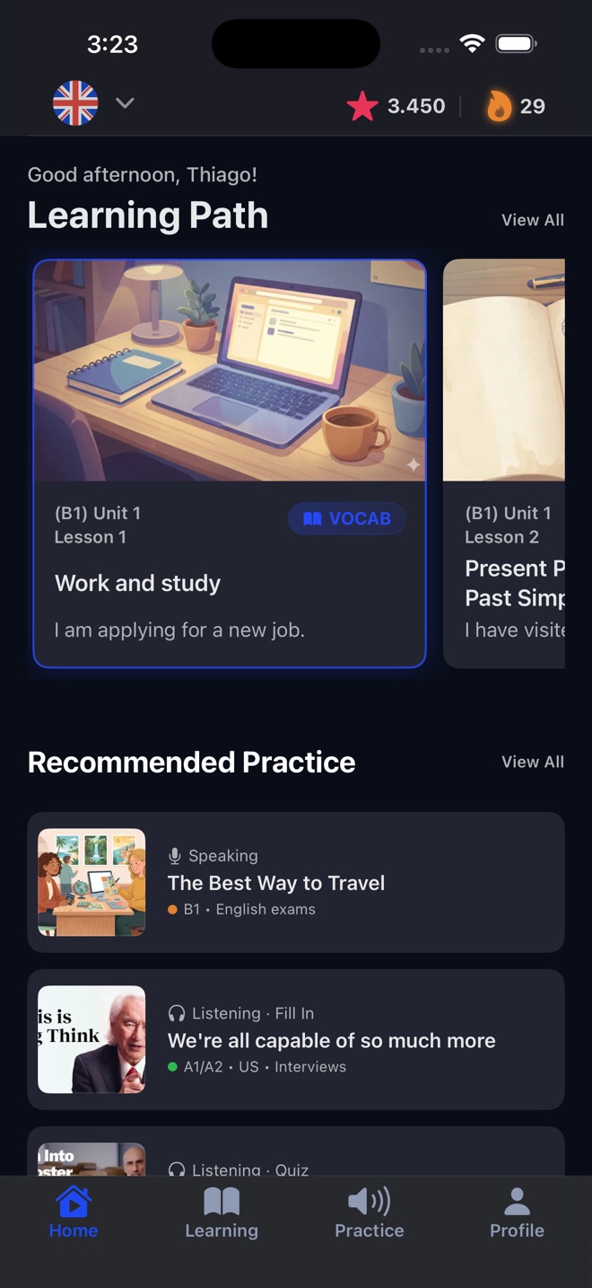 Fluo home screen showing Learning Path units and Recommended Practice options
