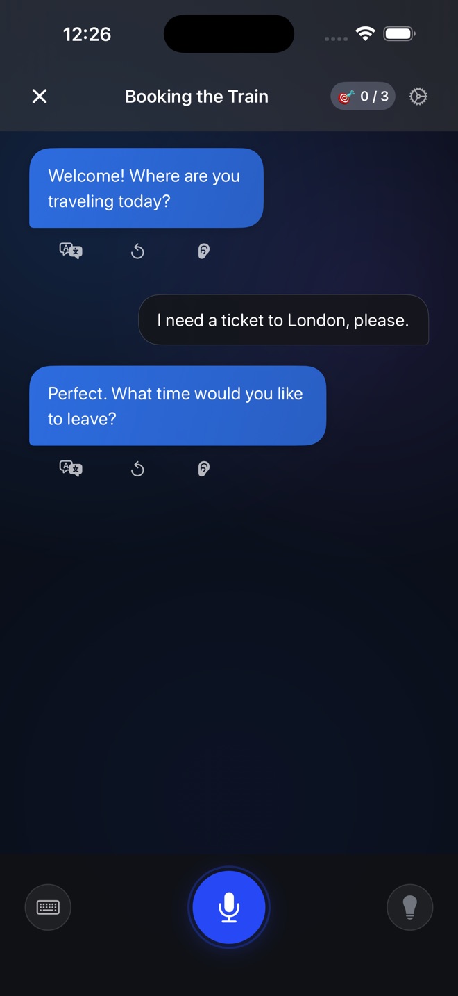 Fluo app showing a Speaking roleplay conversation with an AI tutor