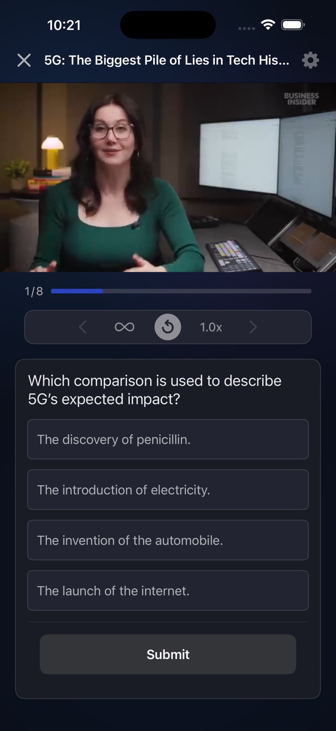 Fluo Listening: comprehension quiz on a video about 5G technology