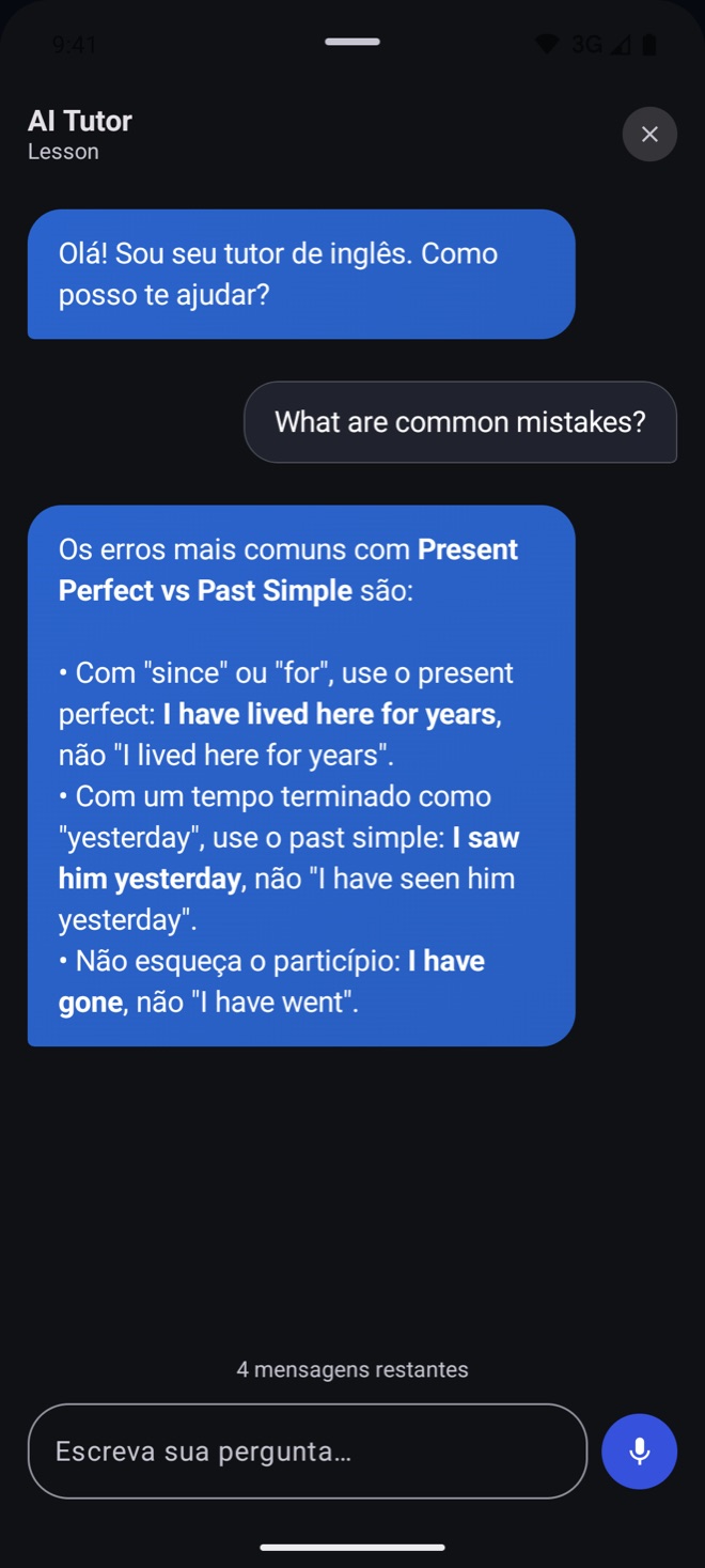 O Tutor de IA do Fluo explicando seus erros de gramática com exemplos claros
