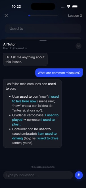 Fluo AI Tutor explaining grammar mistakes in Spanish, with examples in English