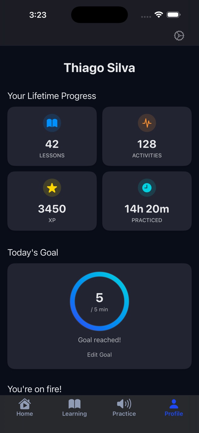 Fluo profile screen showing Lifetime Progress stats and daily streak